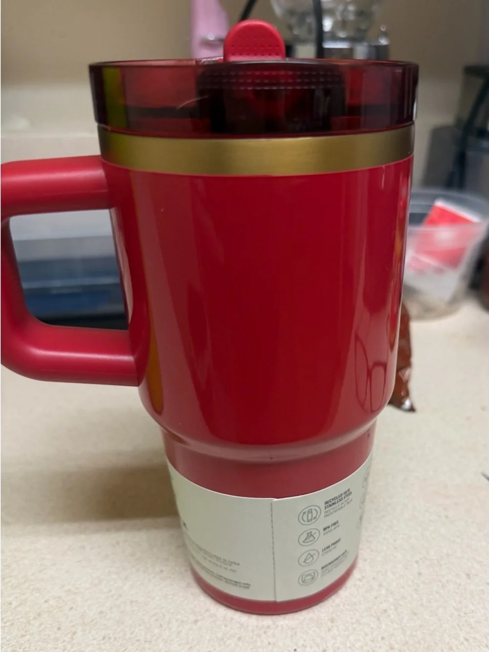 Stanley Red and Gold Travel Mug with Red Lid - Picture 3 of 3